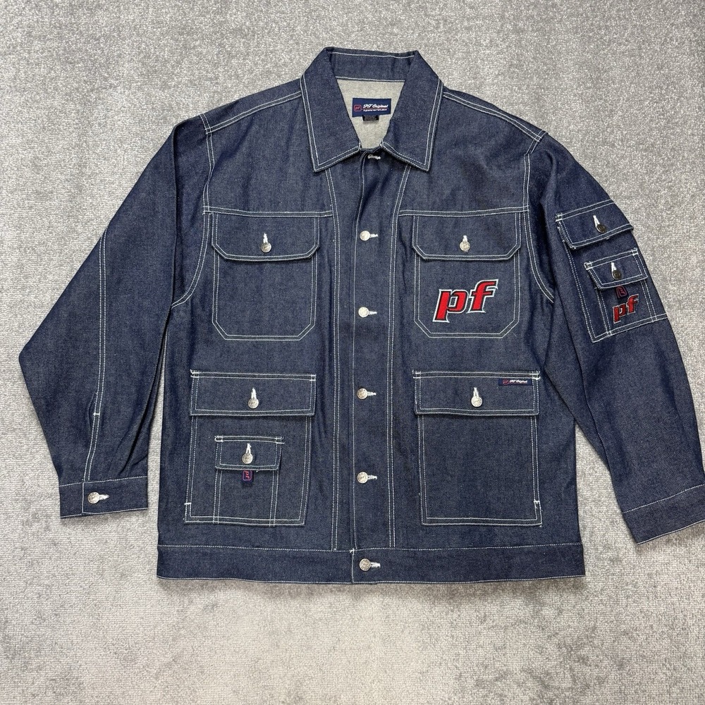 Vintage Denim Jacket Embroidery PF Street Hip Hop Mechanic Size Large